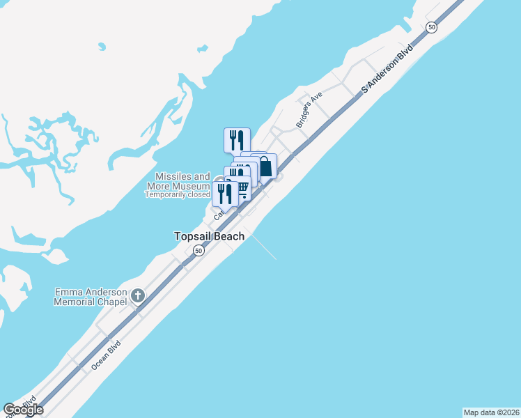 map of restaurants, bars, coffee shops, grocery stores, and more near 711 Ocean Boulevard in Topsail Beach