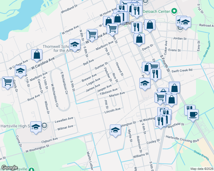 map of restaurants, bars, coffee shops, grocery stores, and more near 314 Jasper Avenue in Hartsville