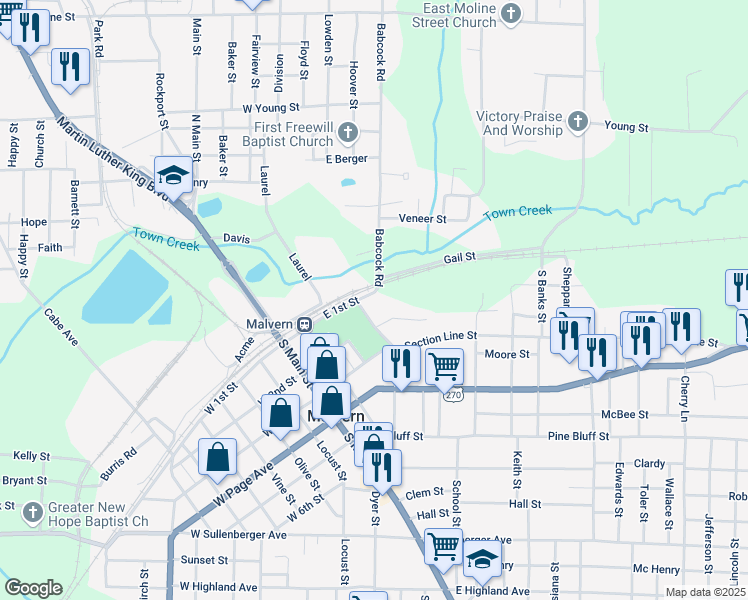 map of restaurants, bars, coffee shops, grocery stores, and more near 425 East 1st Street in Malvern