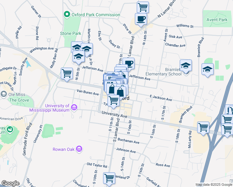 map of restaurants, bars, coffee shops, grocery stores, and more near 124 Courthouse Square in Oxford