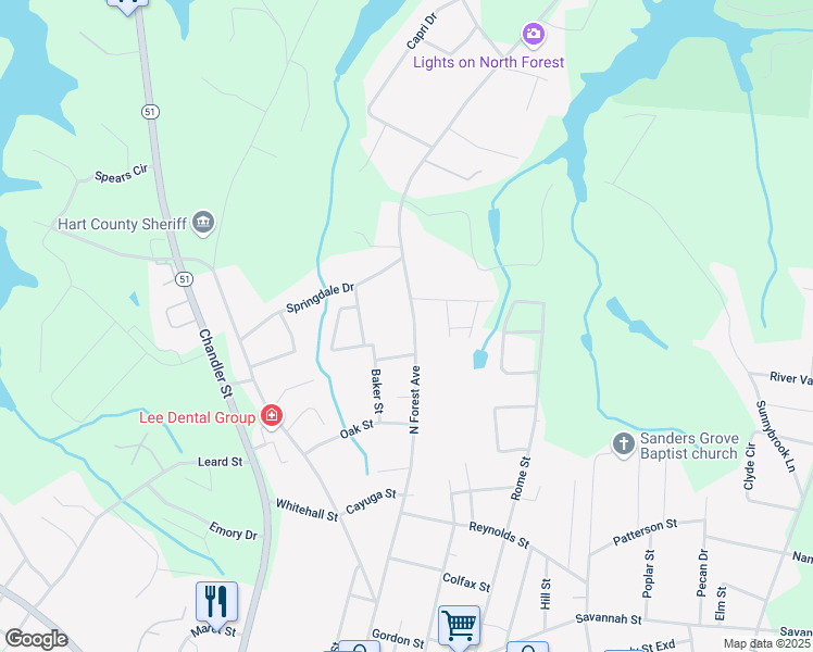 map of restaurants, bars, coffee shops, grocery stores, and more near 985 North Forest Avenue in Hartwell