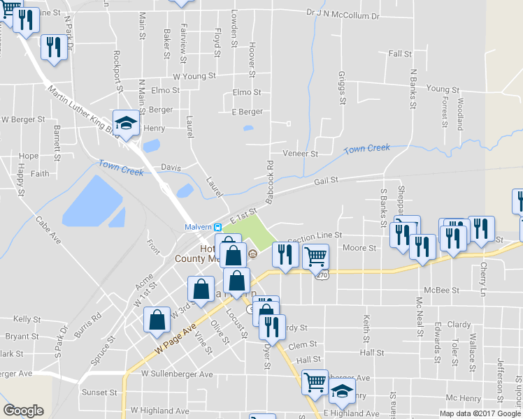 map of restaurants, bars, coffee shops, grocery stores, and more near 425 East 1st Street in Malvern