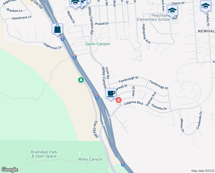map of restaurants, bars, coffee shops, grocery stores, and more near 24737 Fourl Road in Santa Clarita