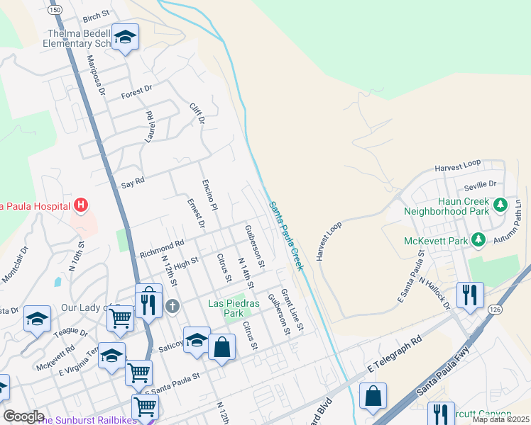 map of restaurants, bars, coffee shops, grocery stores, and more near 1570 Richmond Road in Santa Paula