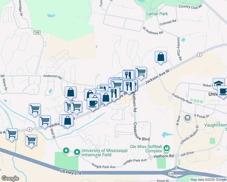 map of restaurants, bars, coffee shops, grocery stores, and more near 1619 Jackson Avenue West in Oxford