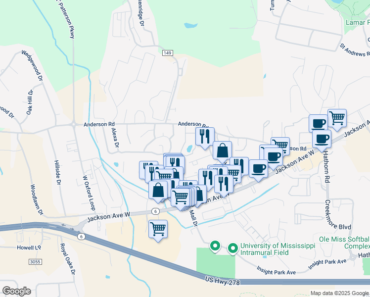 map of restaurants, bars, coffee shops, grocery stores, and more near 2206 Anderson Road in Oxford
