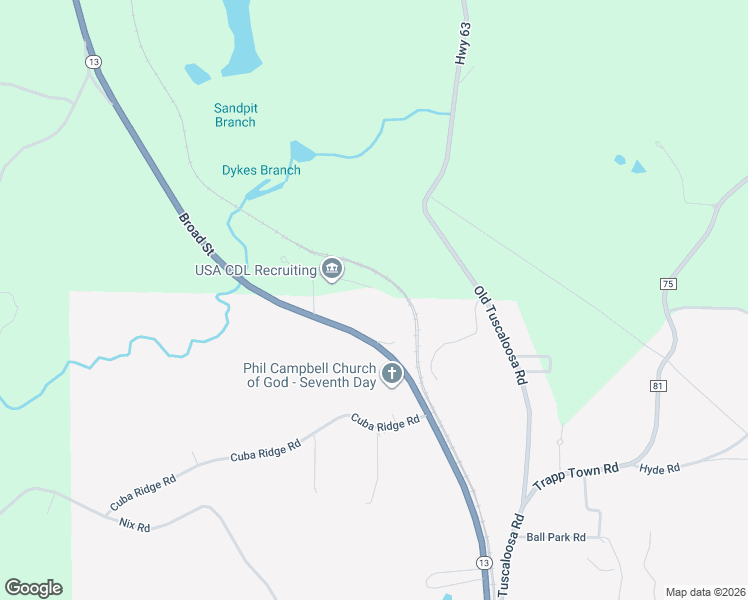 map of restaurants, bars, coffee shops, grocery stores, and more near 268 Frazier Lane in Phil Campbell