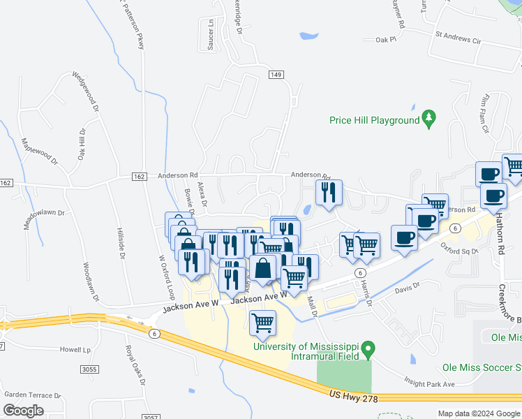 map of restaurants, bars, coffee shops, grocery stores, and more near 111 Vail Drive in Oxford