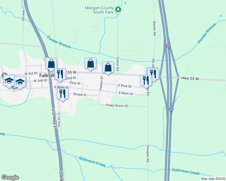 map of restaurants, bars, coffee shops, grocery stores, and more near 147 East Main Street in Falkville