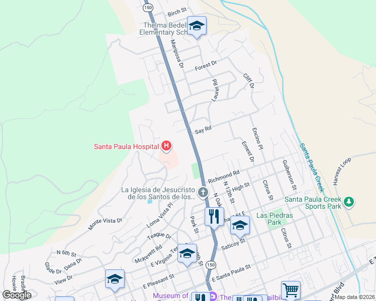 map of restaurants, bars, coffee shops, grocery stores, and more near 810 California 150 in Santa Paula