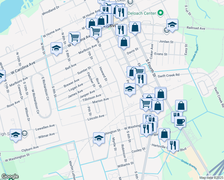 map of restaurants, bars, coffee shops, grocery stores, and more near 611 Howard Street in Hartsville