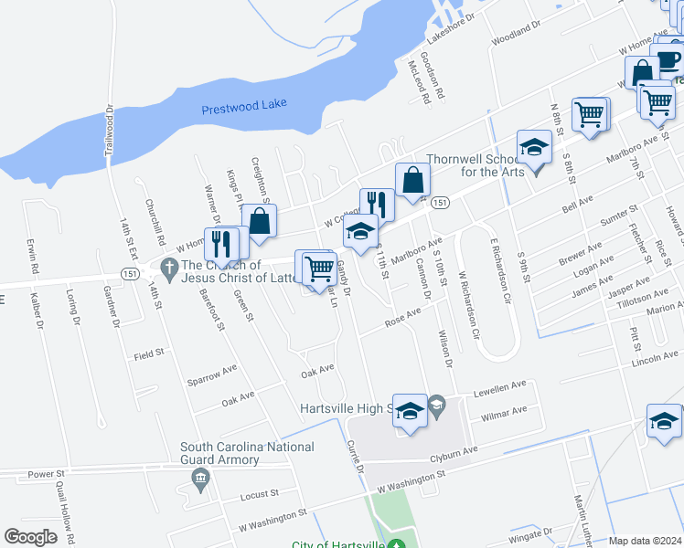 map of restaurants, bars, coffee shops, grocery stores, and more near 117 Gandy Drive in Hartsville
