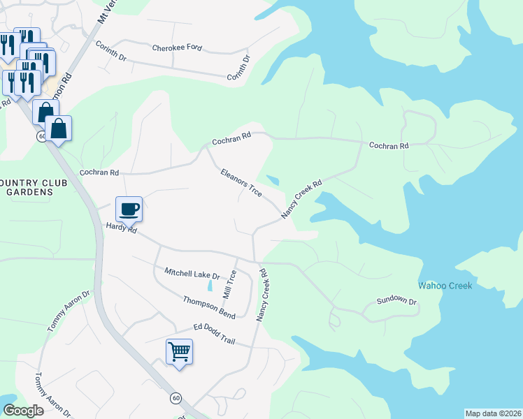 map of restaurants, bars, coffee shops, grocery stores, and more near 3613 Eleanors Trce in Gainesville