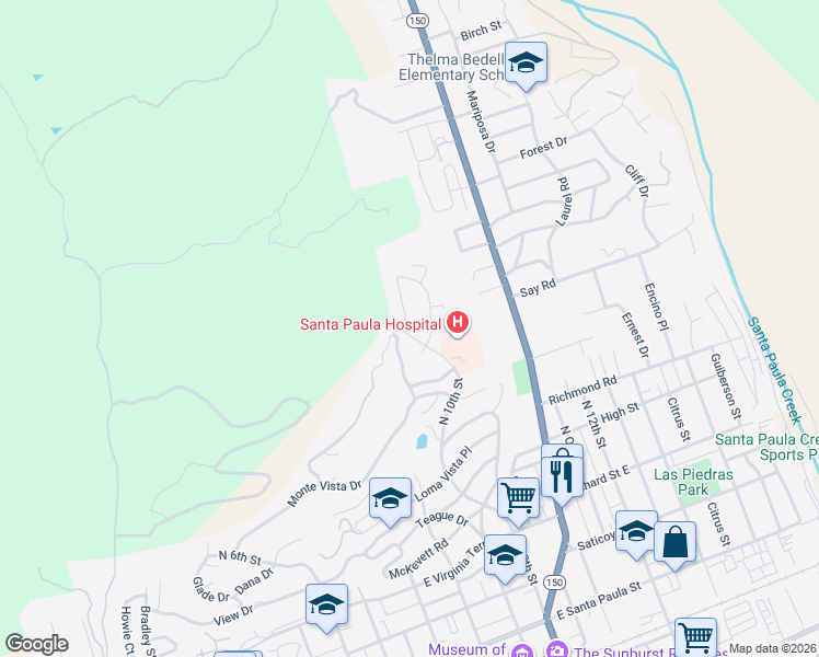 map of restaurants, bars, coffee shops, grocery stores, and more near 901 North 10th Street in Santa Paula