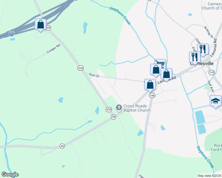map of restaurants, bars, coffee shops, grocery stores, and more near 201 Crestview Drive in Carnesville