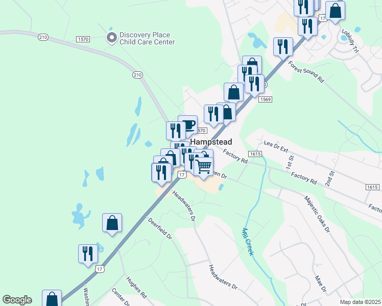 map of restaurants, bars, coffee shops, grocery stores, and more near 14615 U.S. 17 in Hampstead