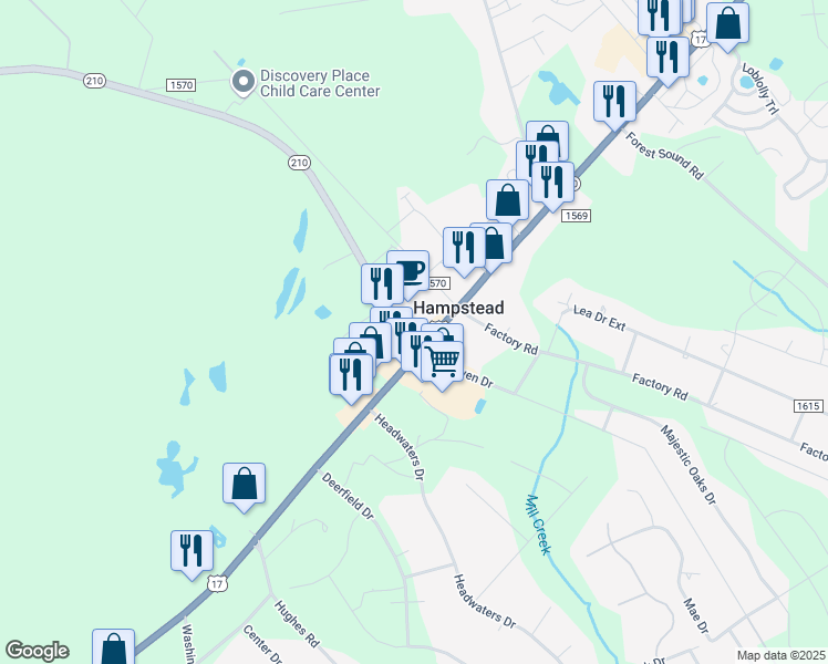 map of restaurants, bars, coffee shops, grocery stores, and more near 14615 U.S. 17 in Hampstead