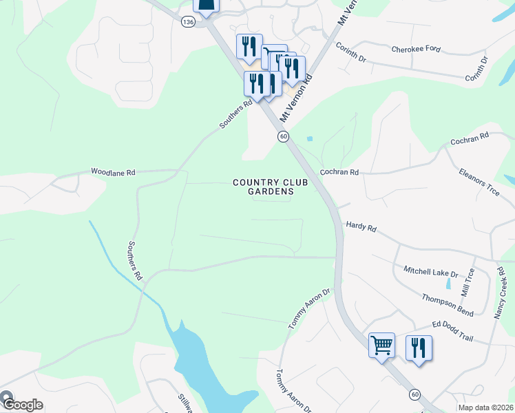 map of restaurants, bars, coffee shops, grocery stores, and more near 3548 Meadow Lane in Gainesville