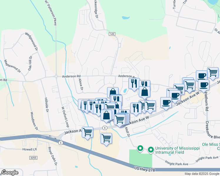 map of restaurants, bars, coffee shops, grocery stores, and more near 112 Vail Drive in Oxford
