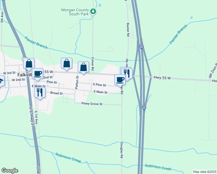 map of restaurants, bars, coffee shops, grocery stores, and more near 60 East Pine Street in Falkville