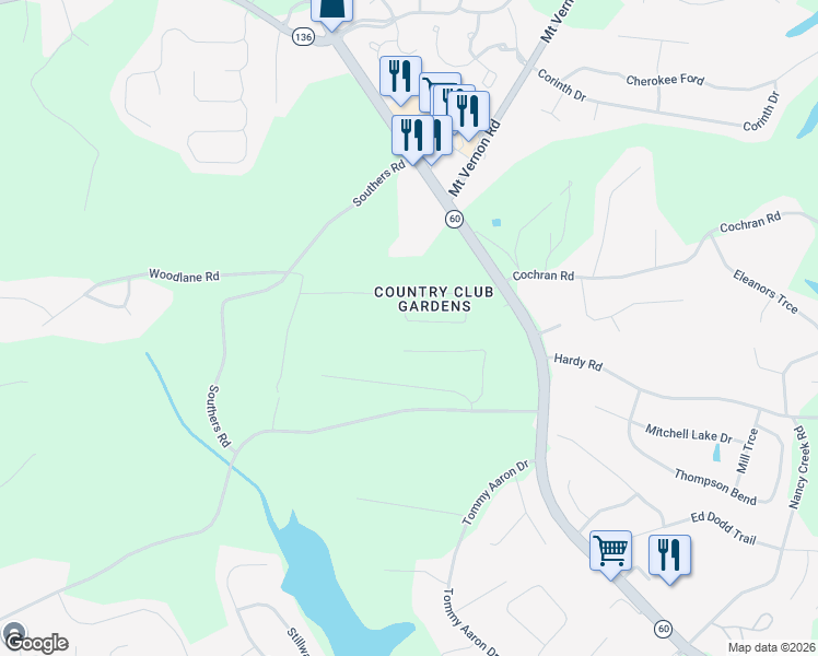 map of restaurants, bars, coffee shops, grocery stores, and more near 3548 Meadow Lane in Gainesville