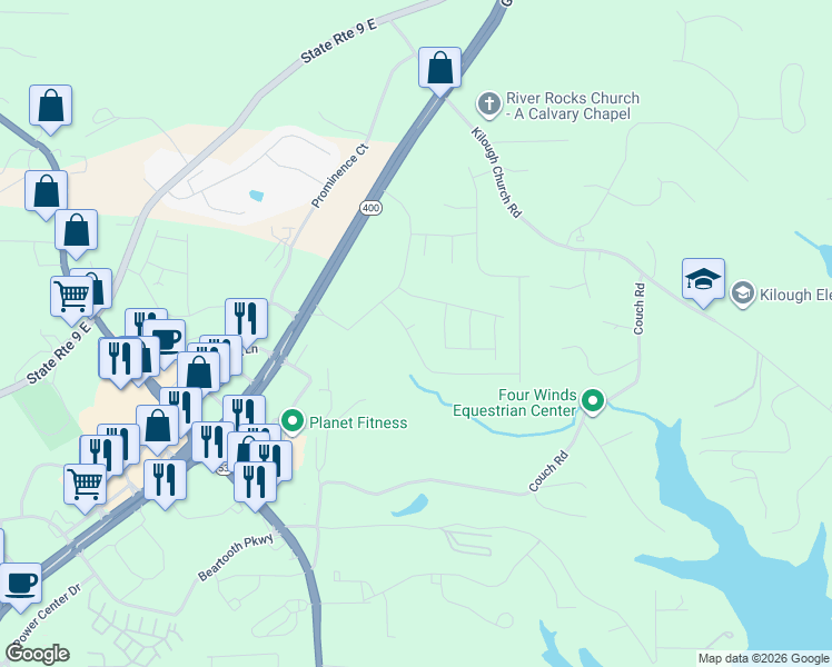 map of restaurants, bars, coffee shops, grocery stores, and more near 124 Phaeton Lane in Dawsonville