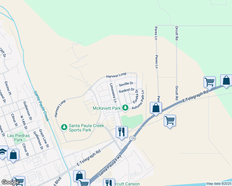map of restaurants, bars, coffee shops, grocery stores, and more near 472 Tibbetts Street in Santa Paula