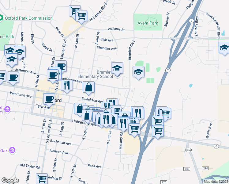 map of restaurants, bars, coffee shops, grocery stores, and more near 1740 Jefferson Avenue in Oxford