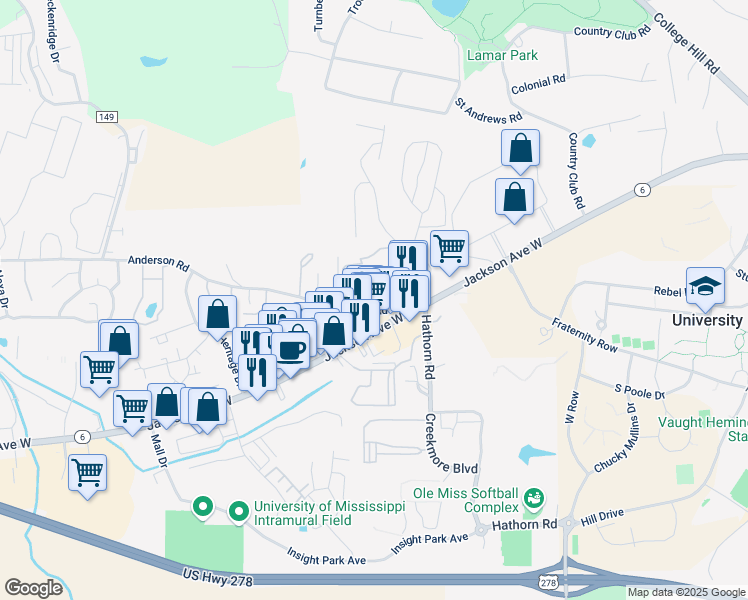 map of restaurants, bars, coffee shops, grocery stores, and more near 1004 Inverness Lane in Oxford