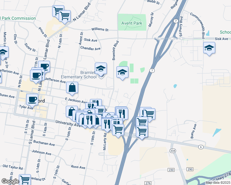 map of restaurants, bars, coffee shops, grocery stores, and more near 306-310 Bramlett Boulevard in Oxford