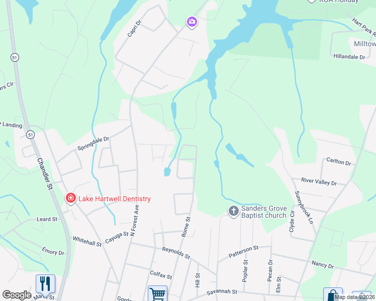 map of restaurants, bars, coffee shops, grocery stores, and more near 46 Council Street in Hartwell