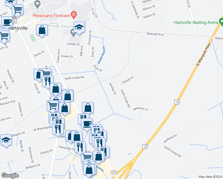 map of restaurants, bars, coffee shops, grocery stores, and more near 773 Azalea Circle in Hartsville