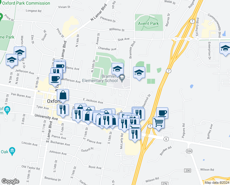 map of restaurants, bars, coffee shops, grocery stores, and more near 1740 Jefferson Avenue in Oxford