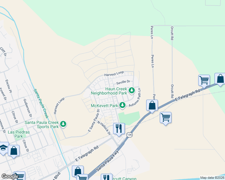 map of restaurants, bars, coffee shops, grocery stores, and more near 471 Olinda Way in Santa Paula
