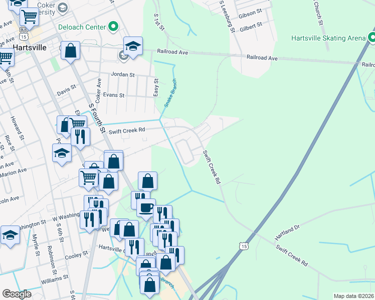 map of restaurants, bars, coffee shops, grocery stores, and more near 773 Azalea Circle in Hartsville