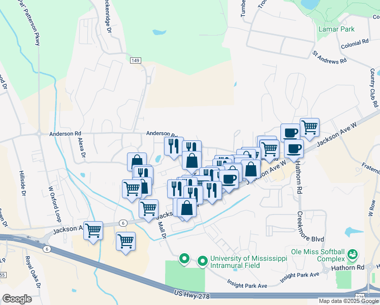 map of restaurants, bars, coffee shops, grocery stores, and more near 2150 Anderson Road in Oxford