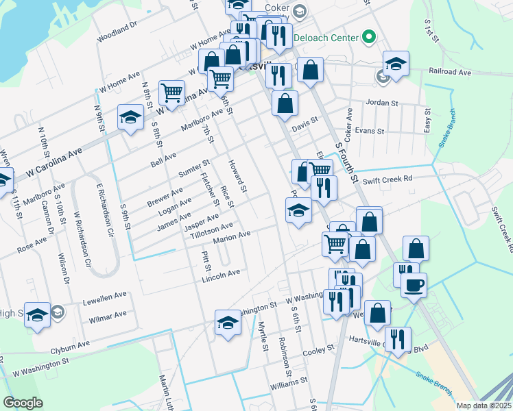 map of restaurants, bars, coffee shops, grocery stores, and more near 611 Howard Street in Hartsville