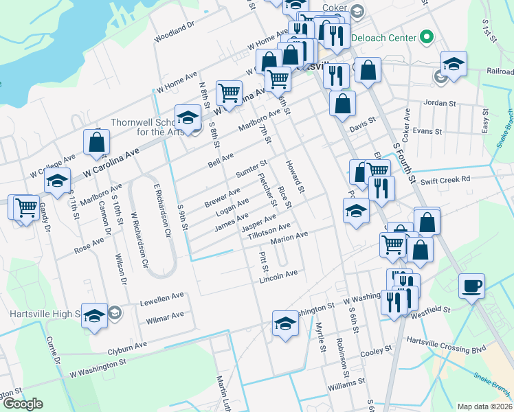 map of restaurants, bars, coffee shops, grocery stores, and more near 511 South 8th Street in Hartsville