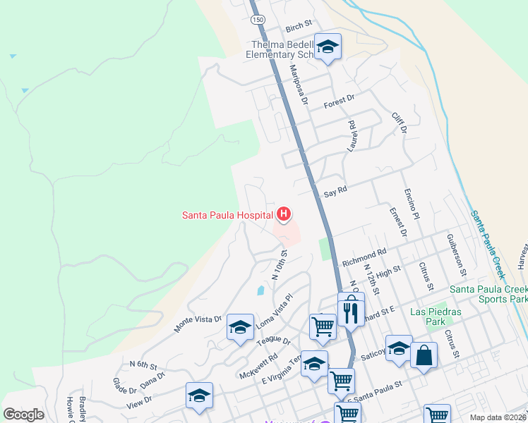 map of restaurants, bars, coffee shops, grocery stores, and more near 901 North 10th Street in Santa Paula