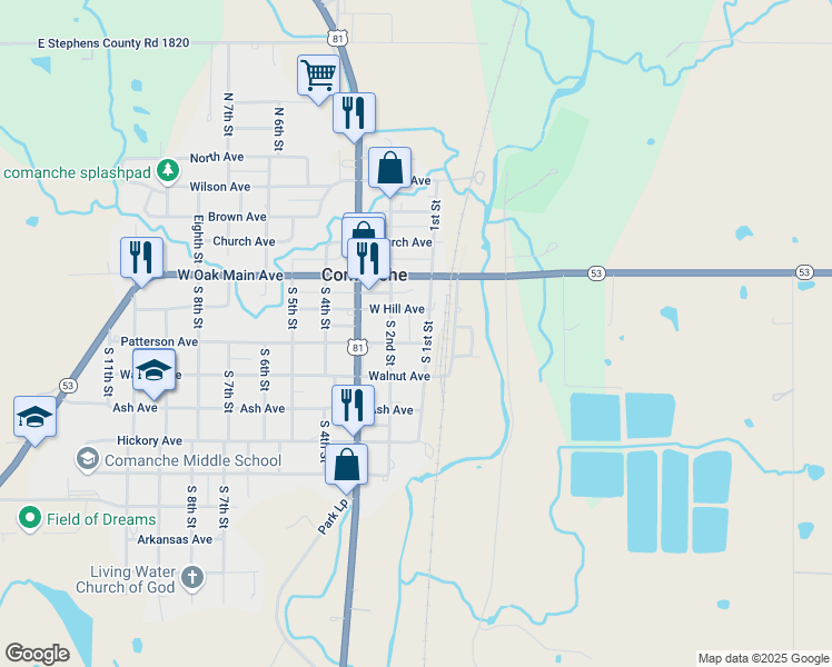 map of restaurants, bars, coffee shops, grocery stores, and more near 301 1st Street in Comanche