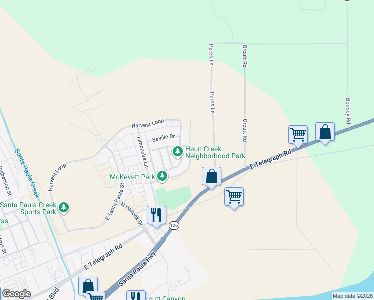 map of restaurants, bars, coffee shops, grocery stores, and more near 428 Autumn Path Lane in Santa Paula