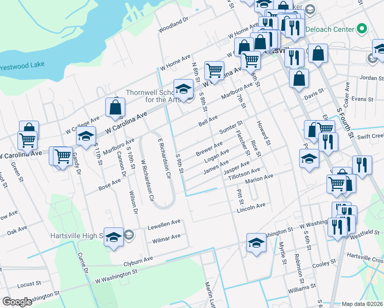 map of restaurants, bars, coffee shops, grocery stores, and more near 424 Logan Avenue in Hartsville