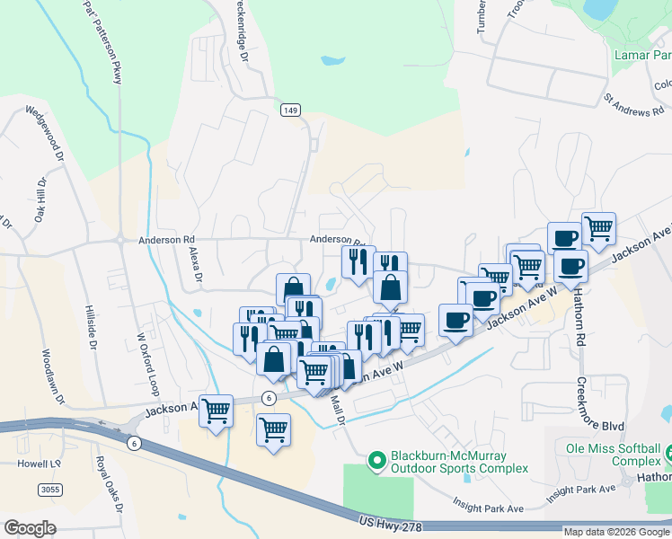 map of restaurants, bars, coffee shops, grocery stores, and more near 2206 Anderson Road in Oxford