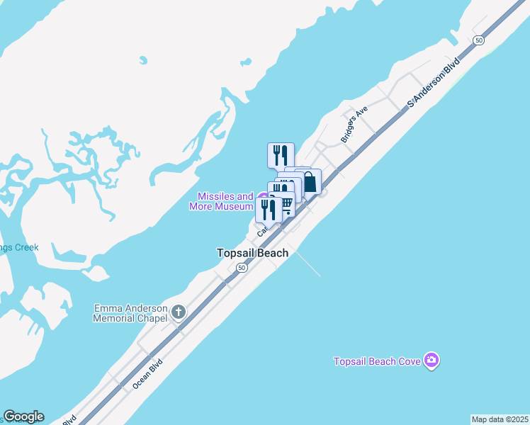 map of restaurants, bars, coffee shops, grocery stores, and more near in Topsail Beach