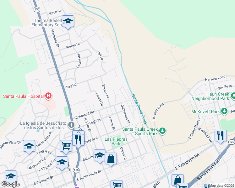 map of restaurants, bars, coffee shops, grocery stores, and more near 1431 Richmond Road in Santa Paula