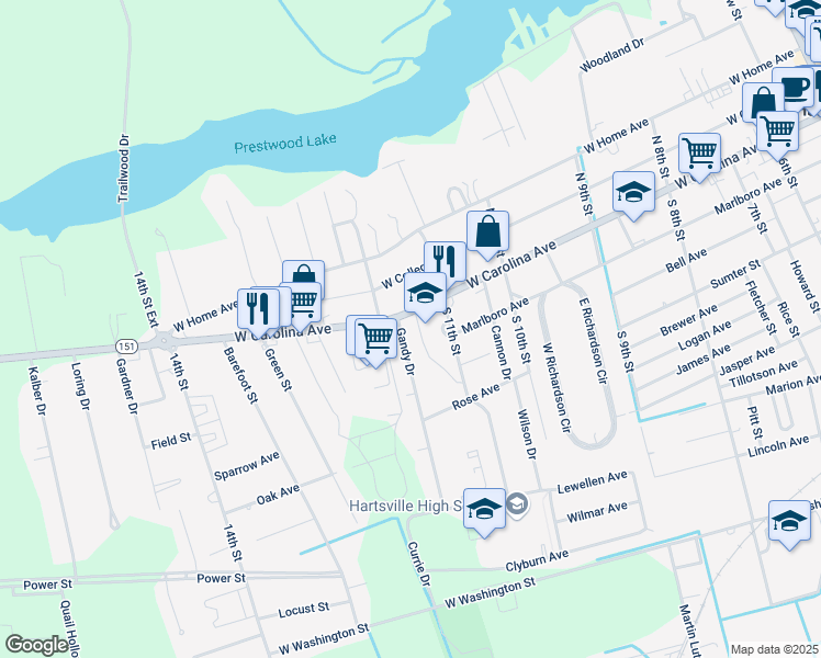 map of restaurants, bars, coffee shops, grocery stores, and more near 105 Gandy Drive in Hartsville