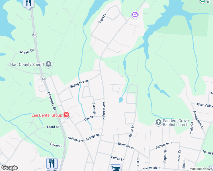 map of restaurants, bars, coffee shops, grocery stores, and more near 985 North Forest Avenue in Hartwell