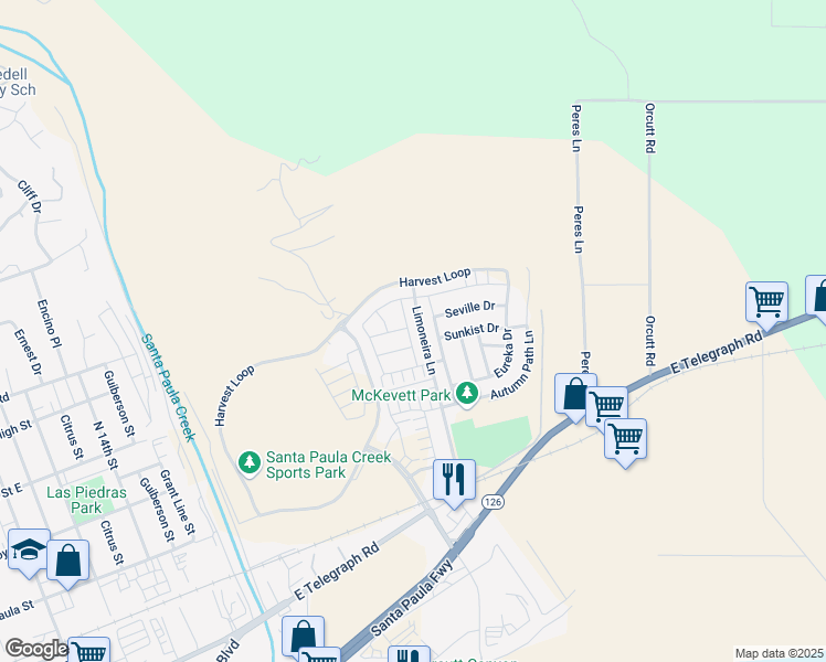 map of restaurants, bars, coffee shops, grocery stores, and more near 549 Limoneira Lane in Santa Paula
