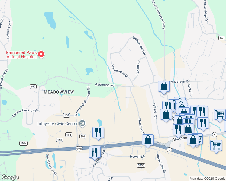 map of restaurants, bars, coffee shops, grocery stores, and more near 1008 Creekside Place in Oxford
