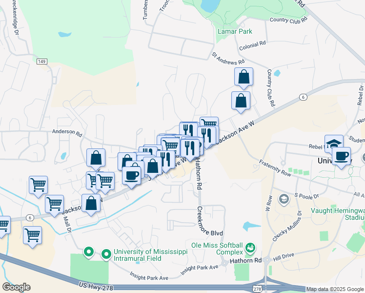 map of restaurants, bars, coffee shops, grocery stores, and more near 2017 Dundee Street in Oxford